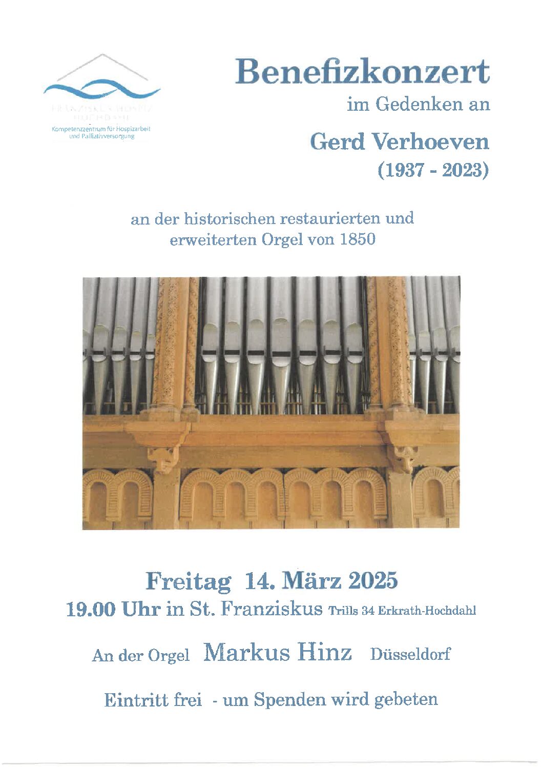 Benefizkonzert 14.3. 19 Uhr in St. Franziskus- in Gedenken an Gerd Verhoeven